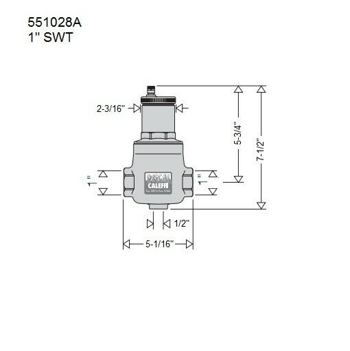 Caleffi 551028A brass air separator with 1" sweat connections and dimensional specifications labeled.