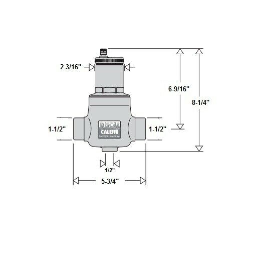 Caleffi 551041A air separator with 1 1/2" sweat connections and technical dimensions labeled.