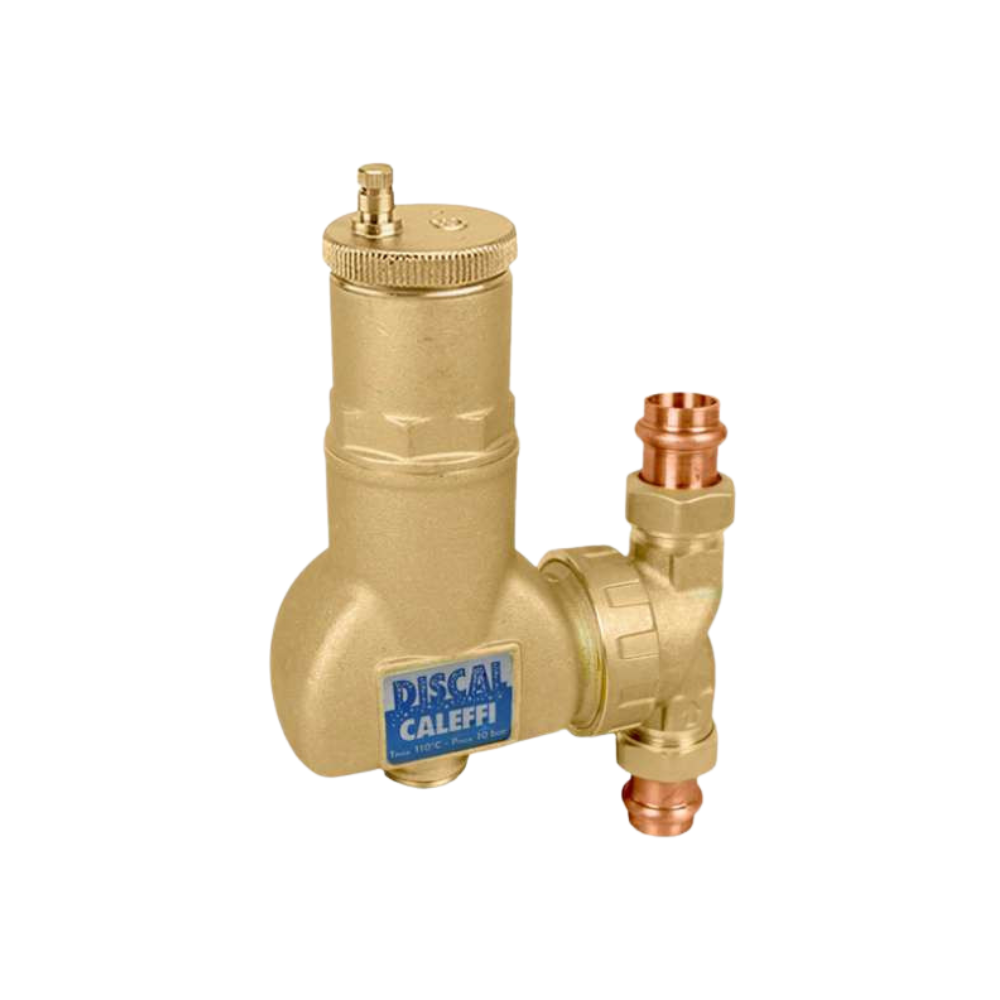 Brass valve body with copper ports and air vent fitting, Caleffi brand.