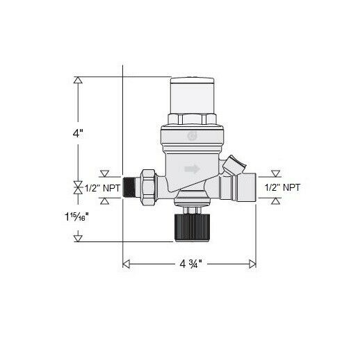 Brass automatic fill valve with 1/2 inch NPT connections, cylindrical body with adjustment knob and inlet/outlet ports, techn