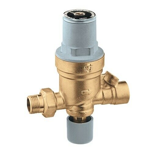 Brass automatic fill valve with NPT threaded ports, gray and black top cap, and ribbed bottom adjustment knob.