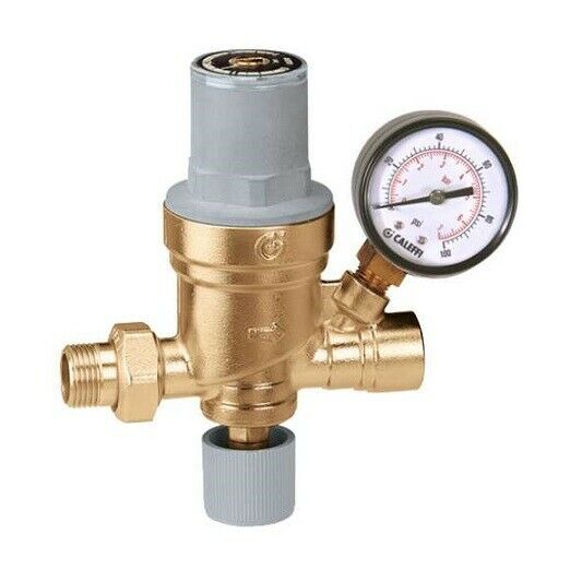 Brass autofill valve with 1/2" NPT connections and attached pressure gauge with white dial.