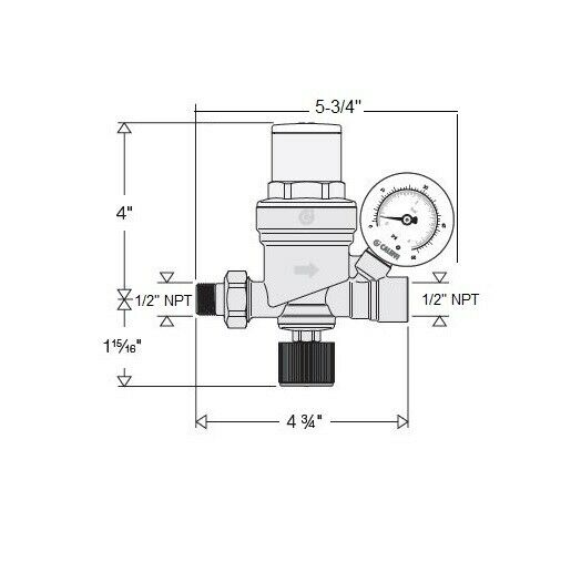 Caleffi AutoFill valve with 1/2" NPT inlet and outlet connections, pressure gauge on right side, and dimensions marked.