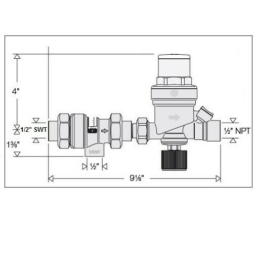 Brass automatic fill valve assembly with 1/2 inch sweat connections on left and 1/2 inch NPT on right, featuring float chambe