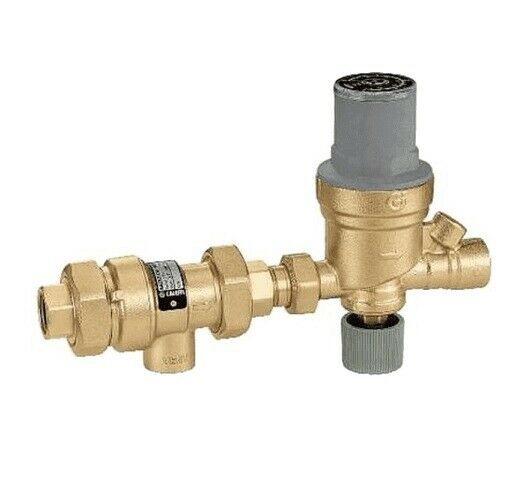 Brass automatic fill valve with 1/2 inch sweat connections and gray adjustment caps on top and bottom.