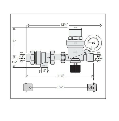 Technical diagram of brass automatic fill valve assembly with press connections, pressure gauge, and dimensional measurements