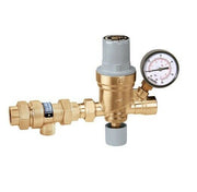Brass automatic fill valve with 1/2 inch press connections and attached pressure gauge.