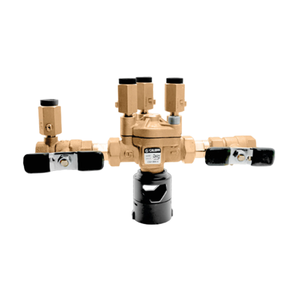 Brass backflow preventer with 1/2" NPT connections, black valve caps, and central black base unit.