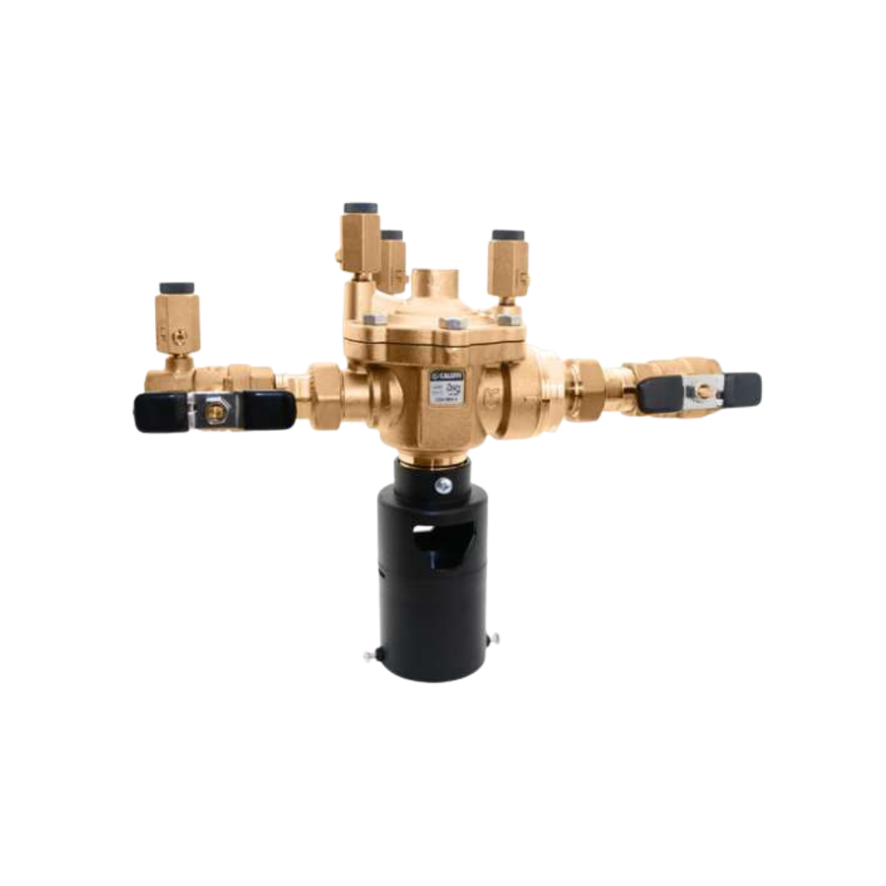 Brass discharge valve assembly with black cylinder base and multiple adjustment ports on top.