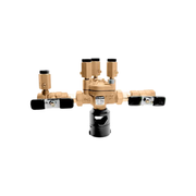 Brass discharge air gap assembly with black valve handles and black base cap, multiple outlet ports.