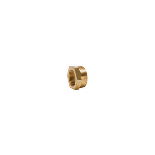 Brass bushing reducer with 1-1/4" BSP male connection on one end and 1" BSP female connection on the other.