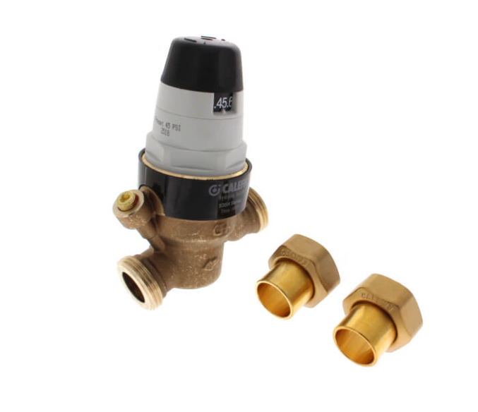 Brass pressure relief valve with black and white cap, shown with two solder-on copper fittings.