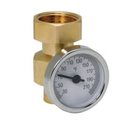 Brass gauge adapter with attached thermometer displaying temperature scale from 30°F to 210°F.