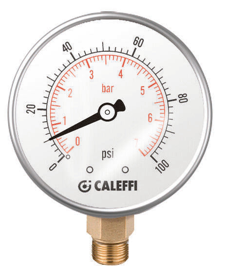 Caleffi pressure gauge with dual scale dial showing 0-100 psi and 0-6 bar, brass bottom connection.