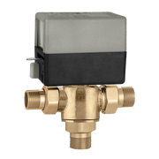 Brass 3-way valve body with gray and black actuator head and threaded ports for 1/2" sweat connections.