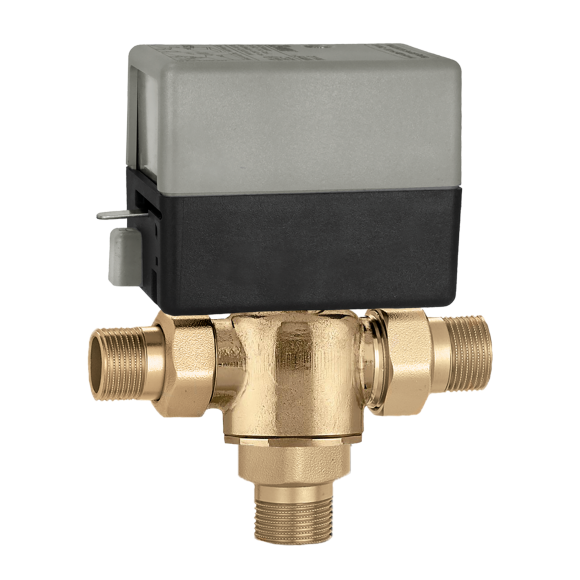 Brass 3-way valve body with gray and black actuator head and threaded ports for 1/2" sweat connections.