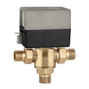 Brass 3-way valve body with NPT threaded ports and gray/black actuator mounted on top.
