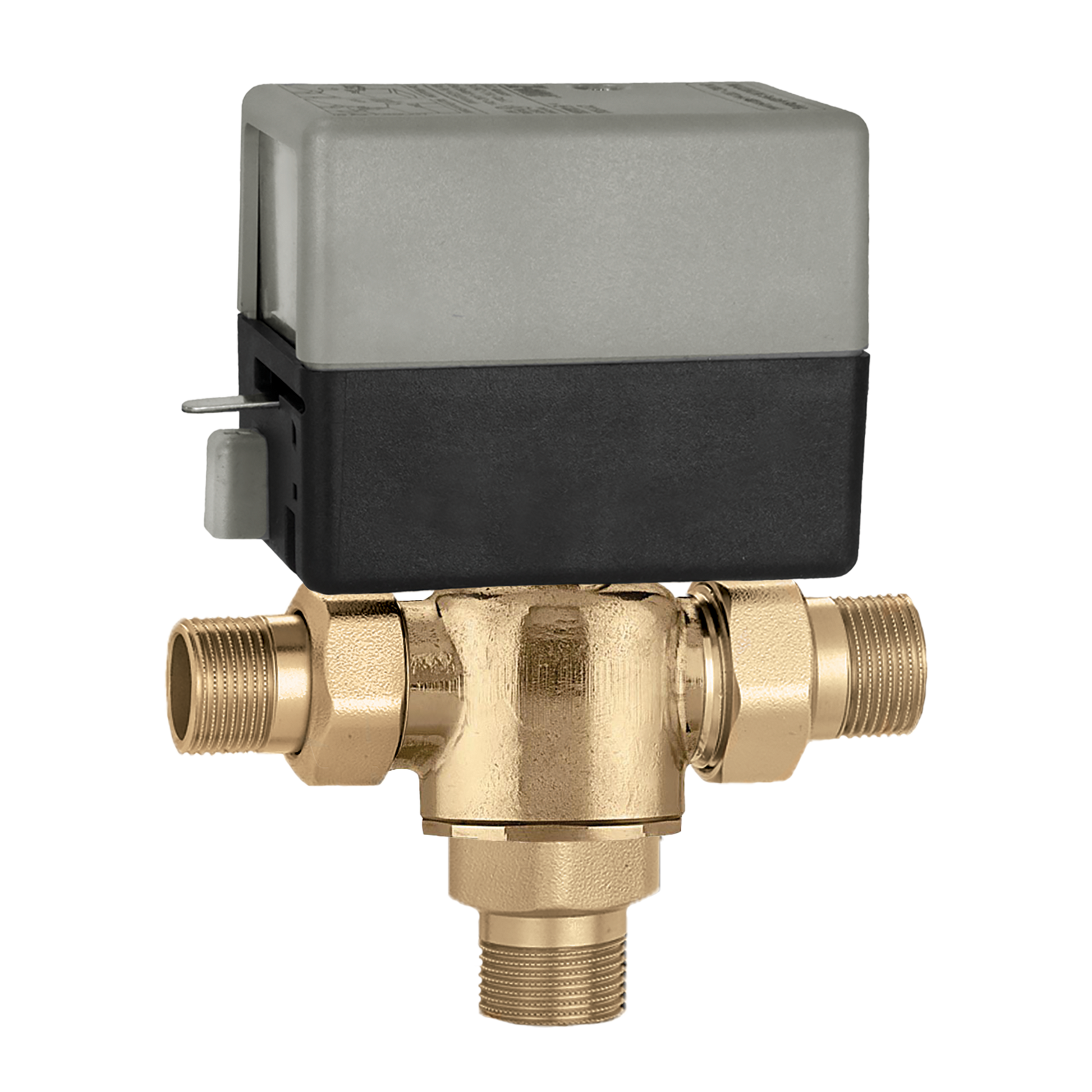 Brass 3-way valve body with NPT threaded ports and gray/black actuator mounted on top.