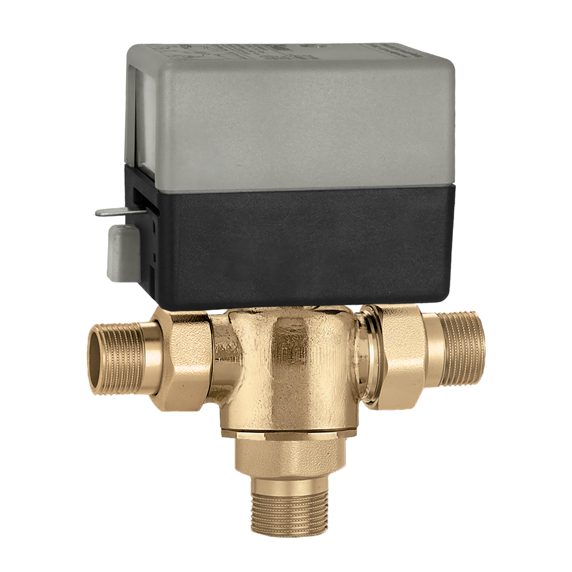 Brass 3-way valve body with NPT threaded ports and gray/black actuator mounted on top.