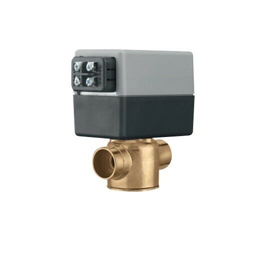 Brass zone valve with gray and black motorized actuator head and terminal connection block on top.
