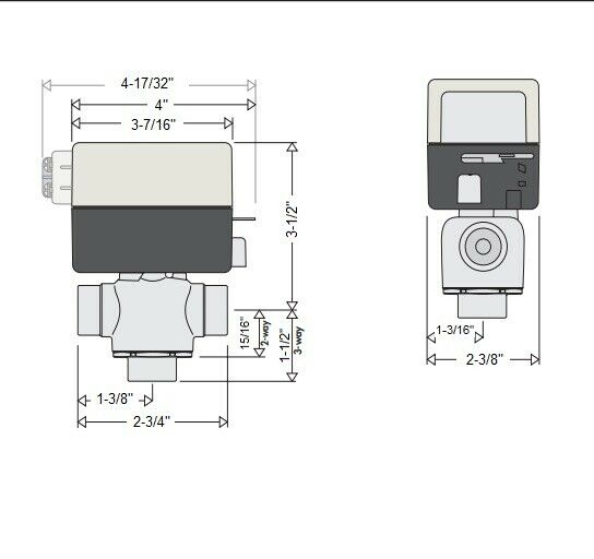 Caleffi Z55 zone valve with gray actuator head and sweat connections, shown with dimensional specifications and terminal bloc