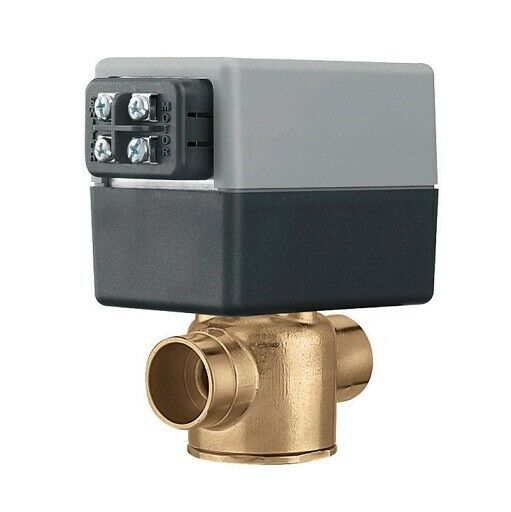 Caleffi Z55PL zone valve with gray and black actuator head mounted on brass body with three ports.