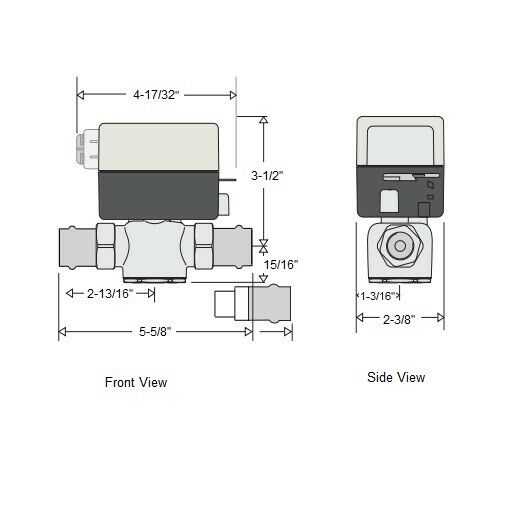 Caleffi Z55PL zone valve with 3/4 inch press connections shown in front and side views with dimensions.