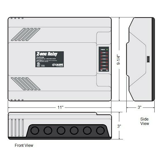 Caleffi ZVR106 Zone Relay with six indicator lights and six connection ports, shown in front and side views with dimensions.