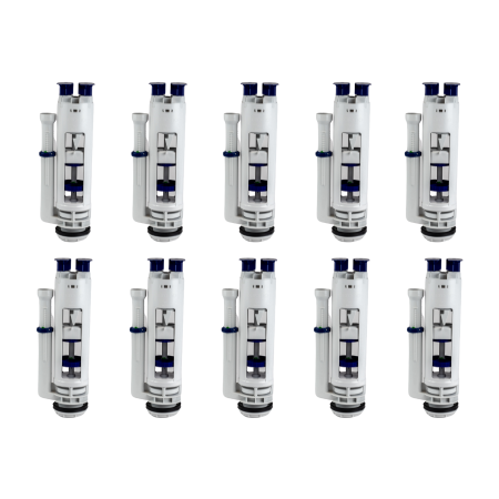 Ten Caroma M5 outlet valves with black and blue components and metal bases arranged in two rows.