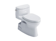White one-piece elongated toilet with closed soft-close seat and integrated bidet seat.