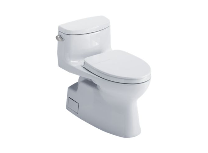White one-piece elongated toilet with closed soft-close seat and integrated bidet seat.