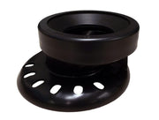 Black rubber toilet bowl offset connector and back outlet seal with circular base and ventilation slots.