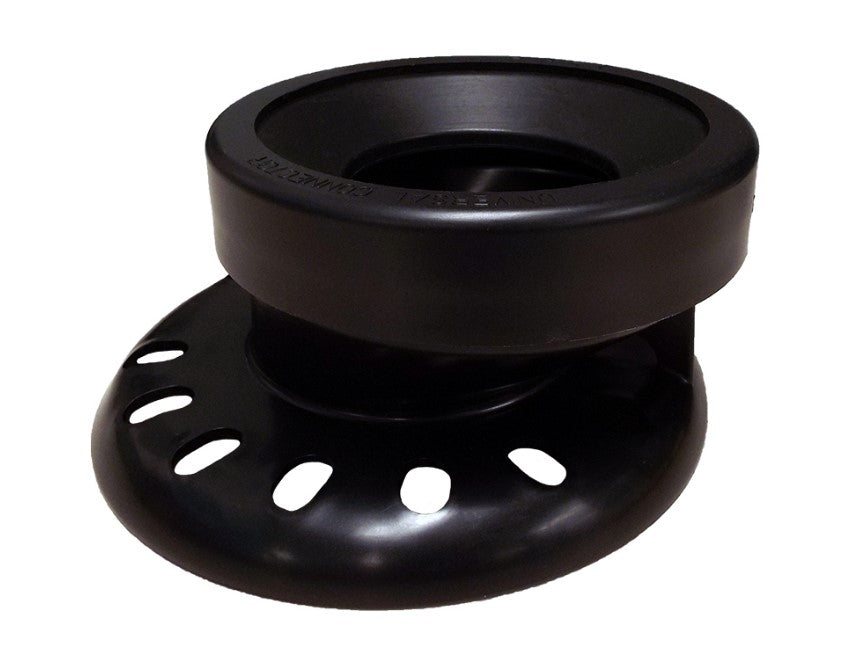 Black rubber toilet bowl offset connector and back outlet seal with circular base and ventilation slots.