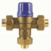 Brass thermostatic mixing valve with blue cap, sweat connections on sides, and outlet below.