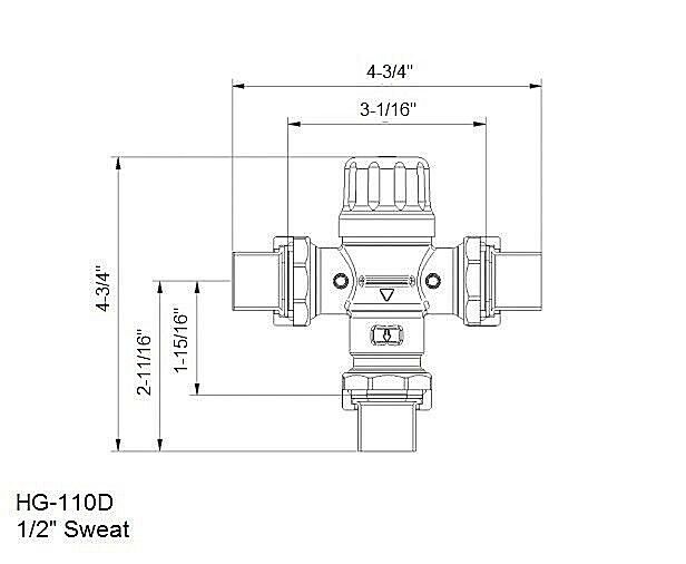Thermostatic mixing valve with 1/2" sweat connections, integral check valves, and adjustable temperature control cartridge sh