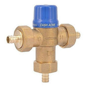 Brass thermostatic mixing valve with blue cap and barb connections on horizontal side ports.