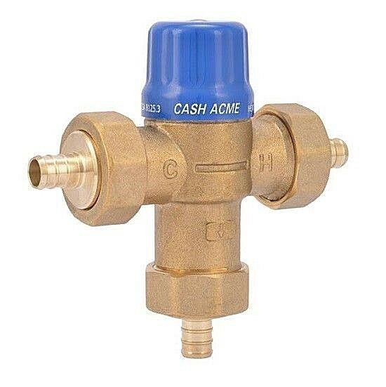 Brass thermostatic mixing valve with blue cap and barb connections on horizontal side ports.