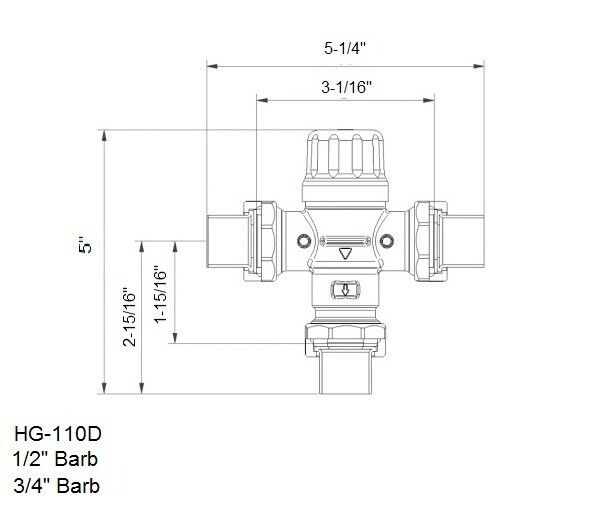 Technical line drawing of Cash Acme HG110-D valve with barb connections, showing top view and dimensions.