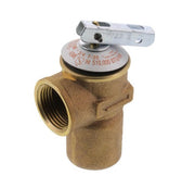 Brass safety relief valve with white lever handle and pressure gauge marked F-30, 3/4" threaded connection.