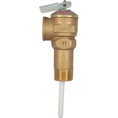 Brass temperature and pressure relief valve with 3/4 inch connection, lever handle, and discharge tube.