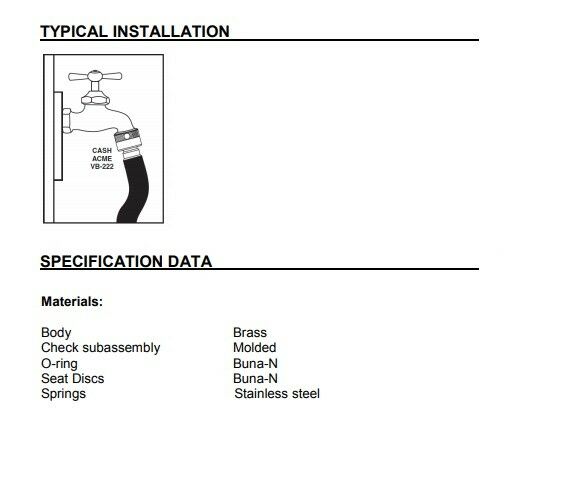 Brass vacuum breaker with 3/4 inch connection shown in typical wall installation diagram with specifications.