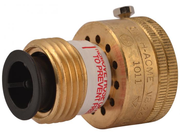 Brass vacuum breaker with 3/4 inch threaded inlet, black rubber cap, and vent holes on body.