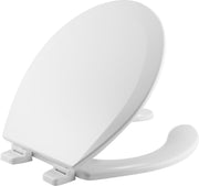 White round toilet seat with open front design and matching cover in closed position.
