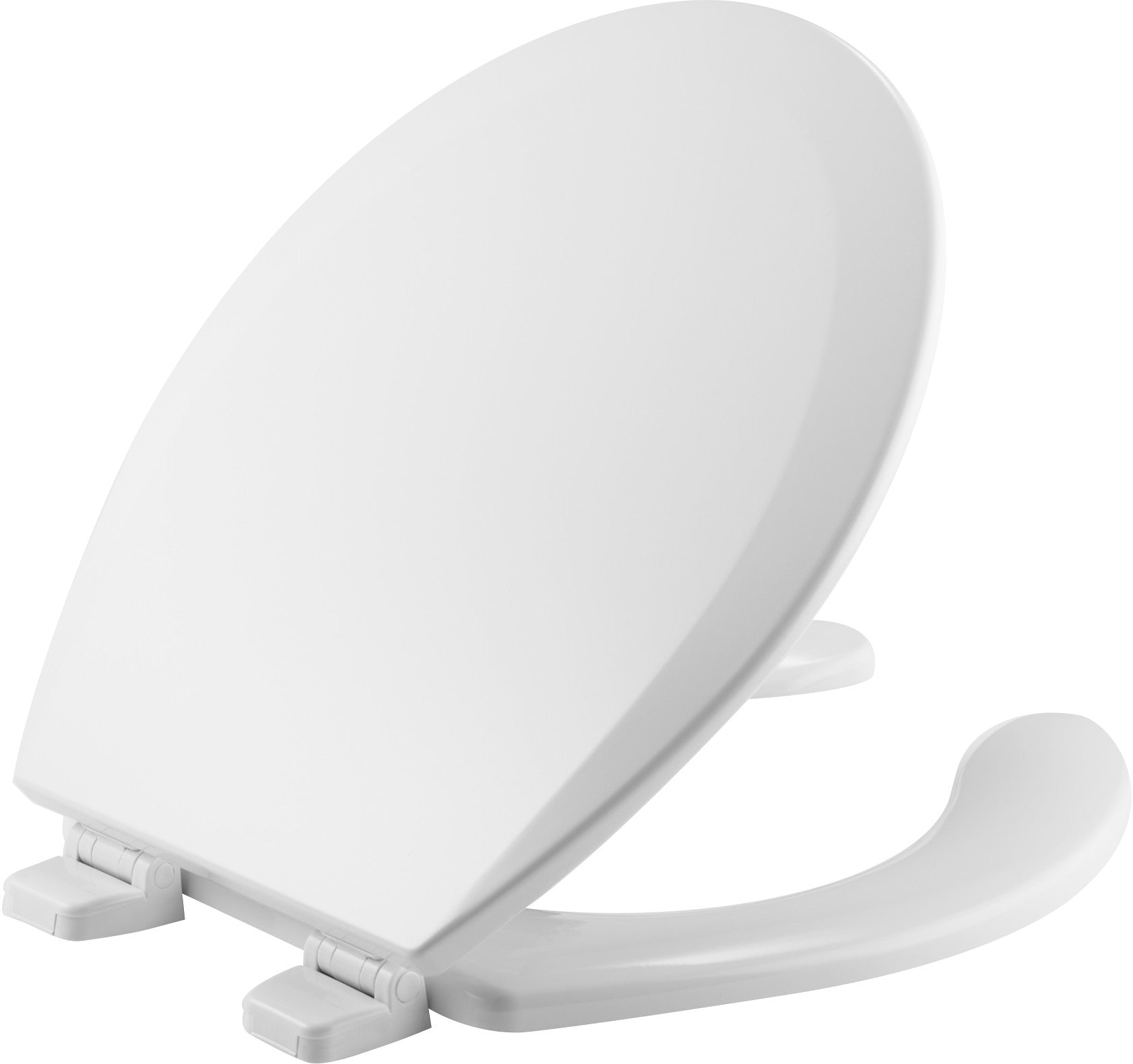 White round toilet seat with open front design and matching cover in closed position.