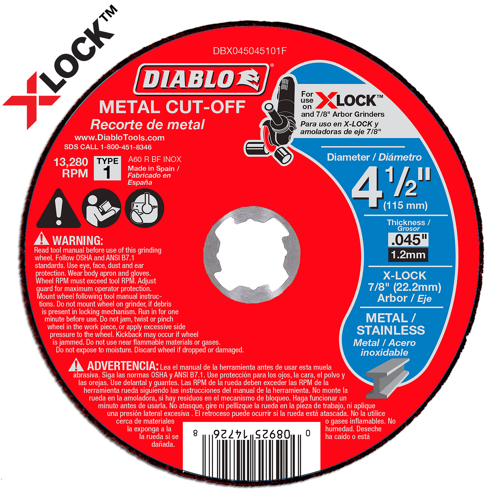 Diablo 4-1/2 inch metal cut-off disc with thin kerf blade, X-LOCK compatible, 0.045 inch thickness.