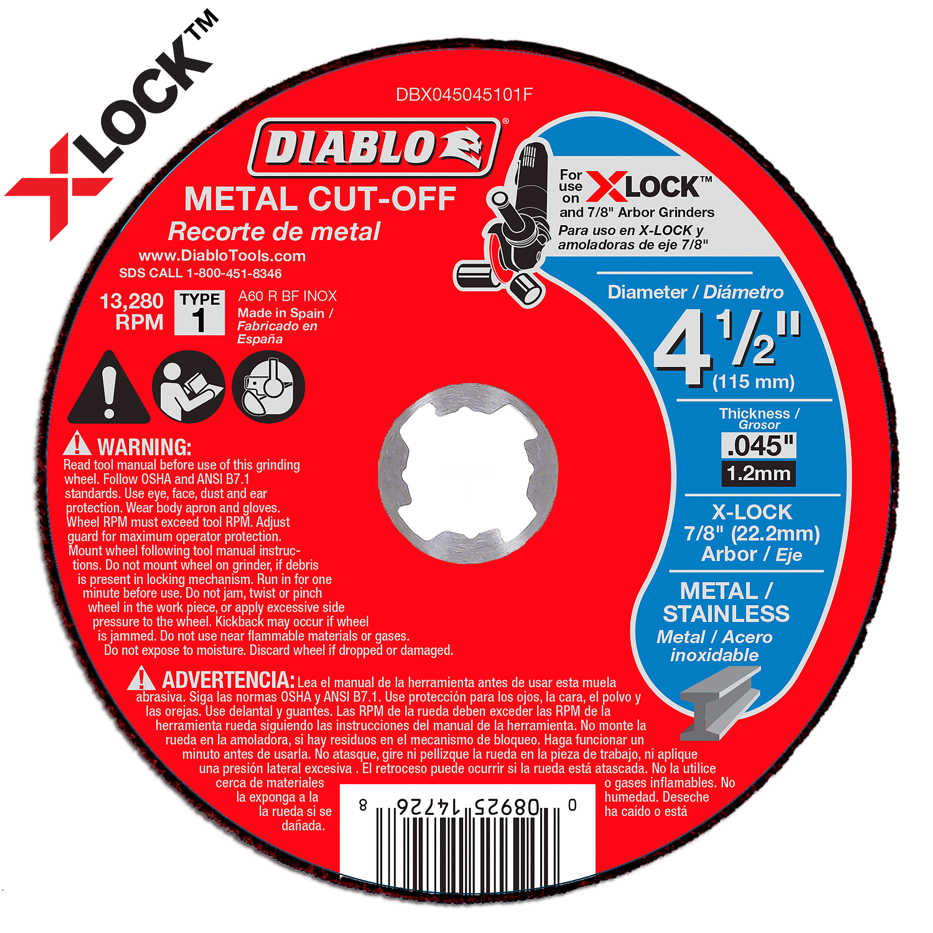 Diablo 4-1/2 inch metal cut-off disc with thin kerf blade, X-LOCK compatible, 0.045 inch thickness.