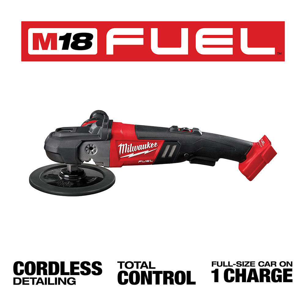 Red and black Milwaukee M18 FUEL cordless polisher with 7-inch pad and variable speed dial.