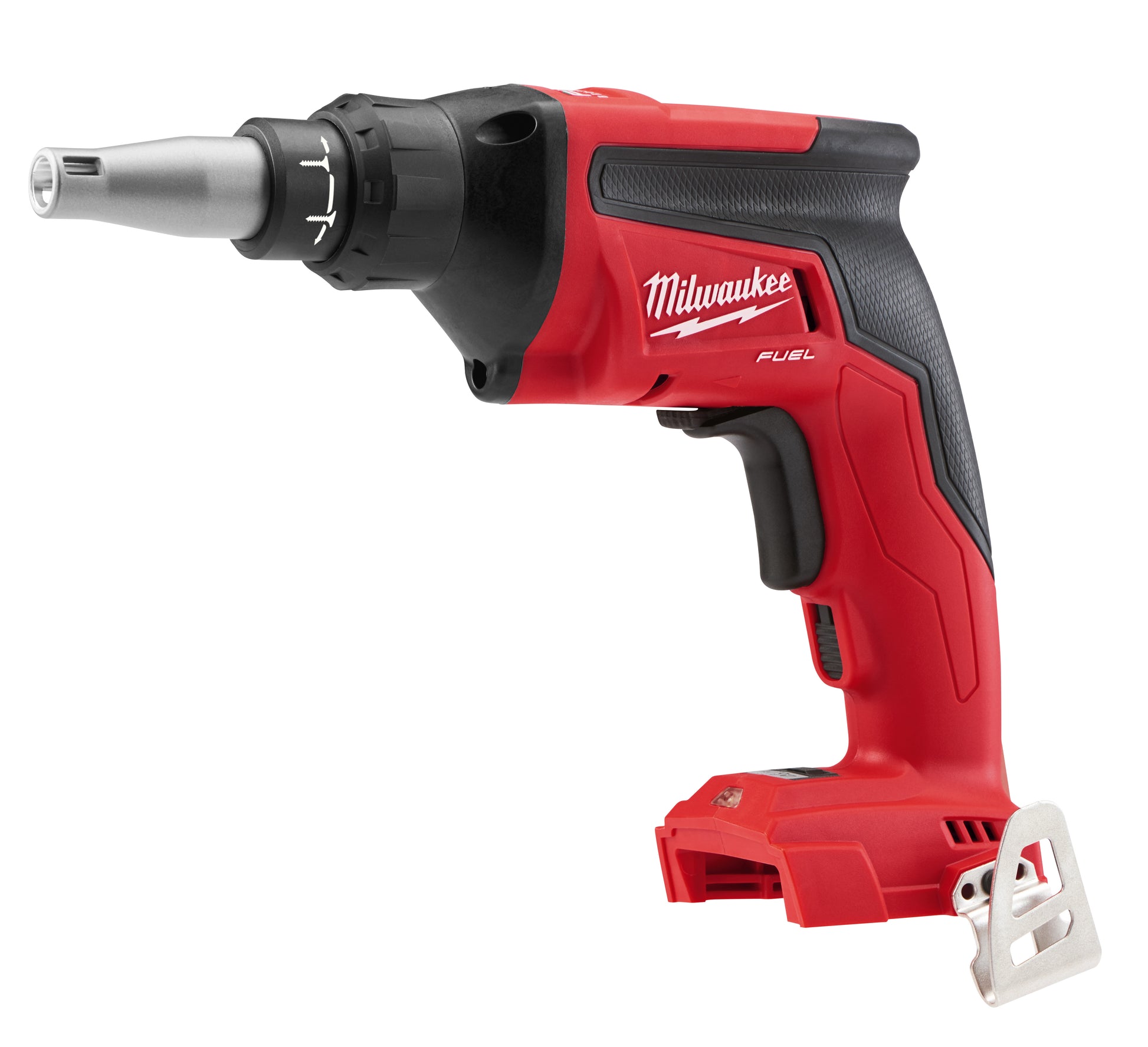 Milwaukee M18 FUEL drywall screw gun with red body, black grip, and rotating collet chuck.