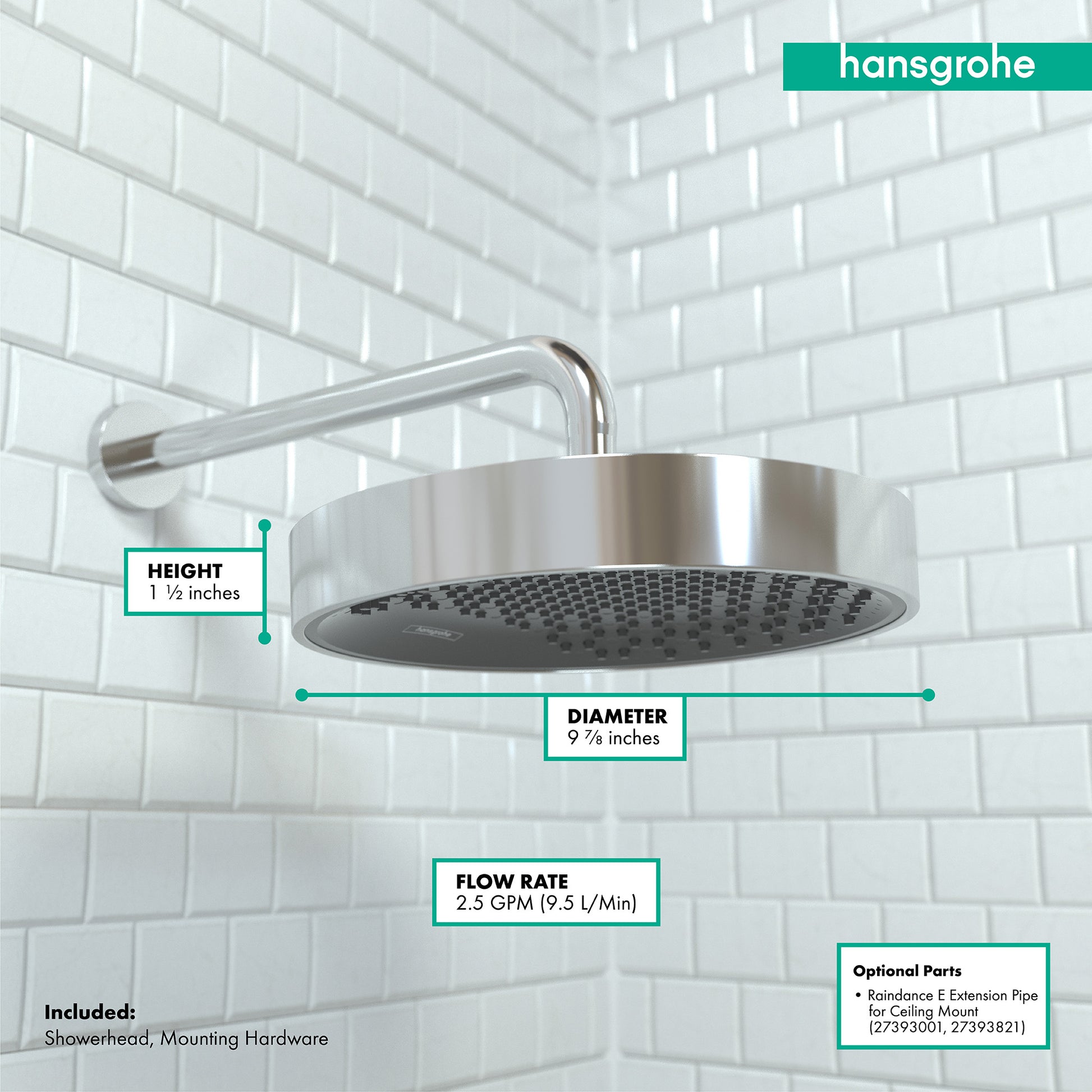 Chrome round ceiling-mounted showerhead with perforated face and curved arm against white subway tile background.