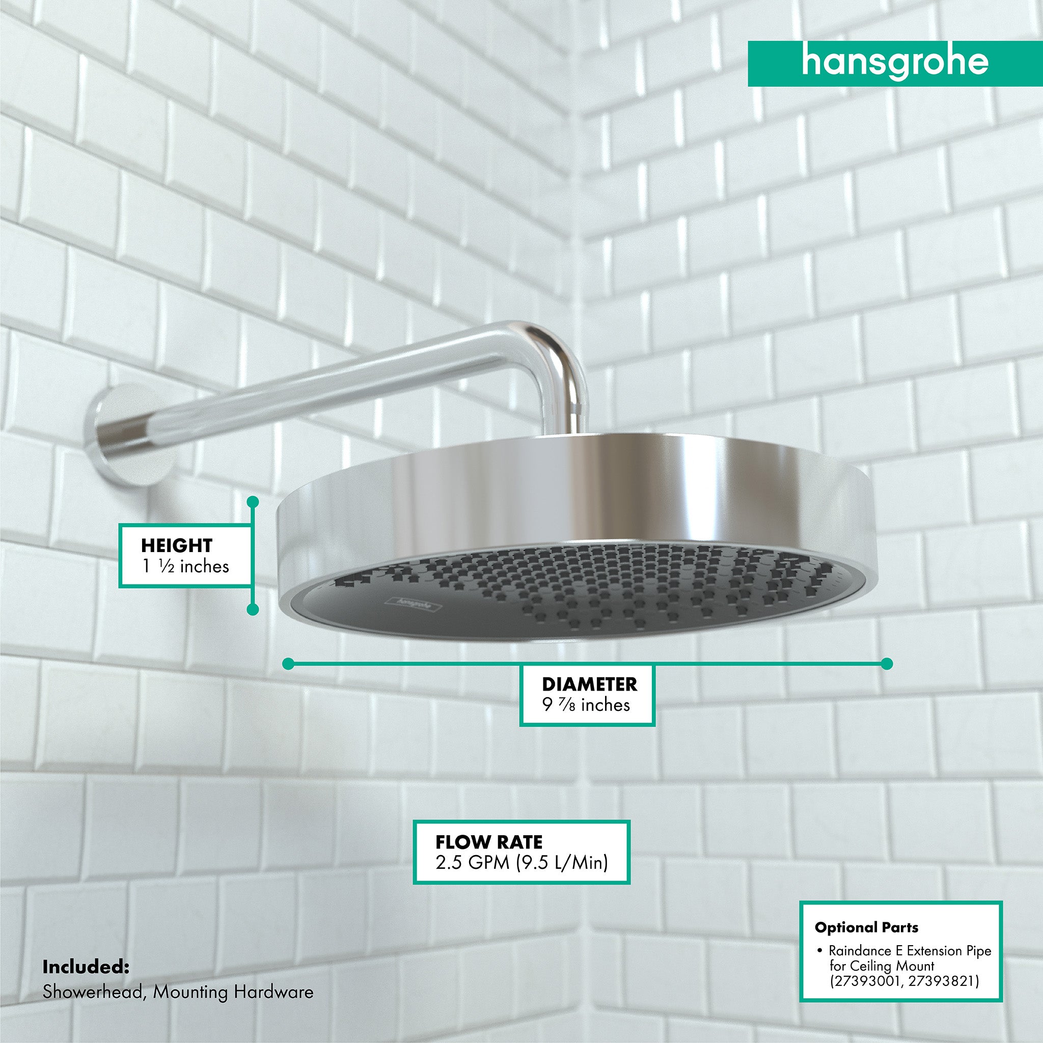 Chrome round ceiling-mounted showerhead with perforated face and curved arm against white subway tile background.